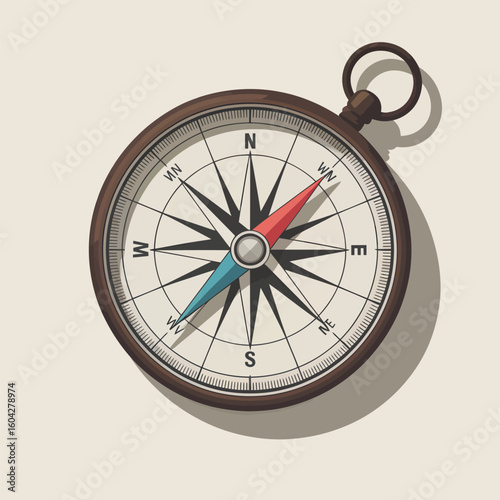 Vintage Style Compass Illustration Red and Teal Needle Brown Wooden Frame Off White Background Vector Graphic Design Element Navigation Tool