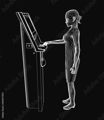 A young woman withdraws cash from an ATM under dim lighting, her silhouette sharply defined against a black background. The glowing screen of the bank terminal illuminates her face as she completes.