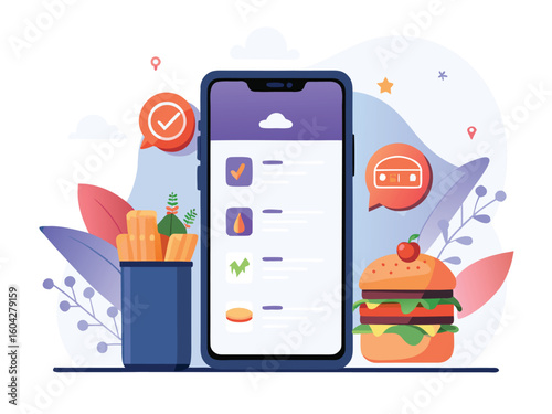 Smartphone food ordering app with burger and fries food delivery app interface