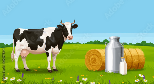 Charming dairy farm scene with cow for promoting eco-friendly milk products and sustainable farming practices