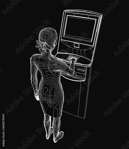 A young woman stands in front of an ATM machine. The dark background highlights her silhouette and the glowing terminal.