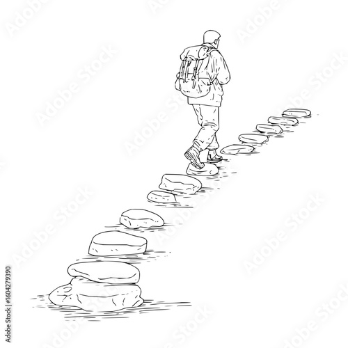 Person with backpack walking on stepping stones drawn in black and white illustration style artwork image
