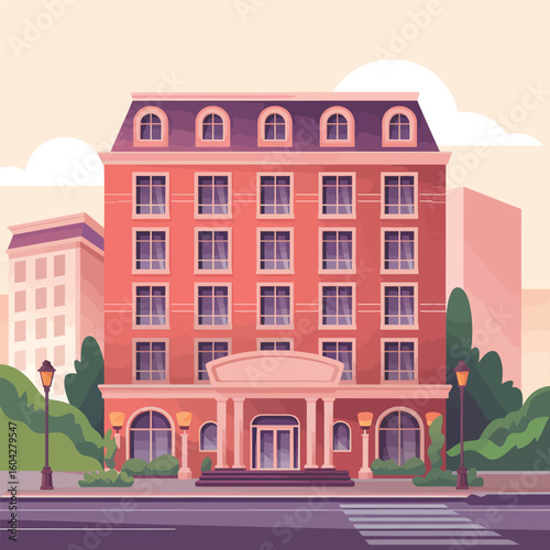 A salmon pink multistory hotel building with a classical facade stands on a city street flanked by green bushes and lampposts under a pale