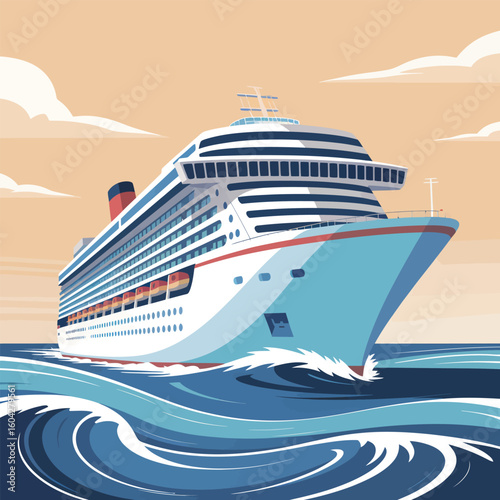 A large white and light blue cruise ship sailing on a calm ocean under a pale orange sky with stylized clouds a vector style 2 D illustration