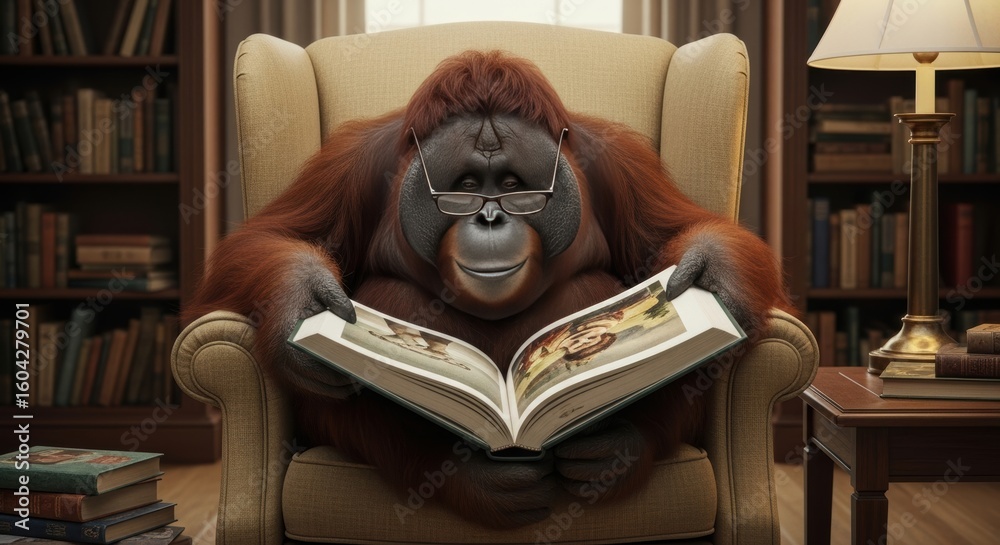 Orangutan in Glasses Reads Book in Cozy Library, Intellectual Animal Portrait. Orangutan in Glasses Reads Book in Cozy Library, Intellectual Animal Portrait.
