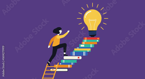 Achieve your goals climbing book steps towards a bright lightbulb idea