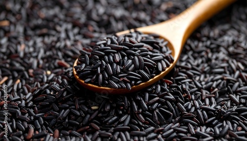 Wooden spoon full of black rice grains
