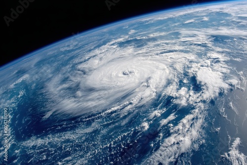 Hurricane spiraling over ocean from space, earth visible; climate change news
