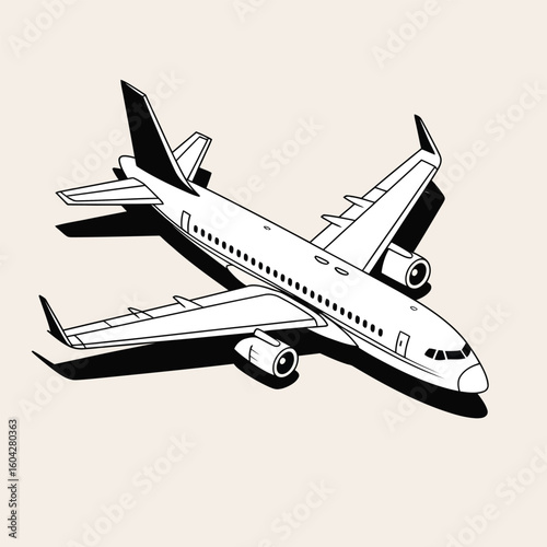 Black and White Vector Illustration of a Passenger Airplane Viewed from an Oblique Angle Against a Light Beige Background Showing Detailed