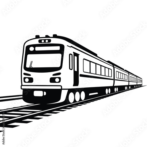 Black and white vector illustration of a passenger train traveling on railroad tracks a side view depiction showing the train in motion