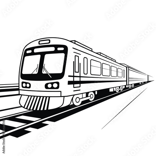 Black and white vector illustration of a passenger train traveling on railroad tracks a simple outlined 2 D style depiction showing a modern