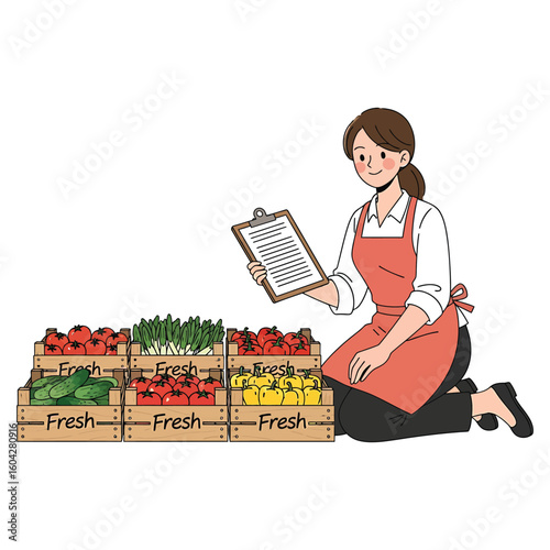 Young female grocer checking her inventory of fresh vegetables in wooden crates.