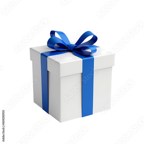 A white gift box with a blue ribbon isolated on transparent background