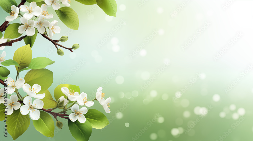 Fototapeta premium Ambiance printanière, fleurs blanches, sur les branches d'un arbre, cerisier. Arrière-plan de flou et lumière claire, ensoleillé. Printemps, été. Pour conception et création graphique