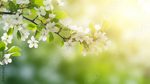 Ambiance printanière, fleurs blanches, sur les branches d'un arbre, cerisier. Arrière-plan de flou et lumière claire, ensoleillé. Printemps, été. Pour conception et création graphique
