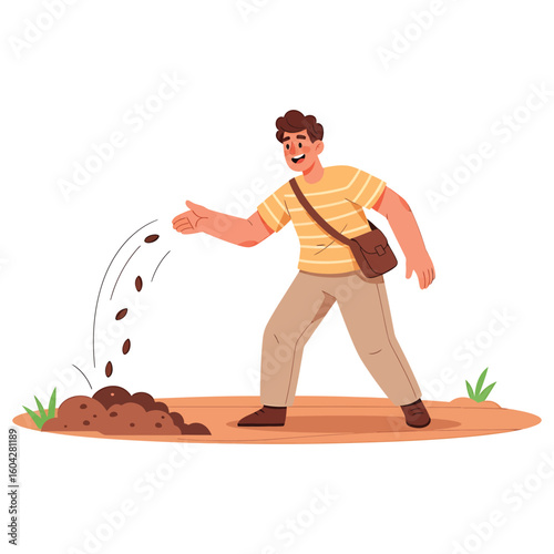 Happy character planting seeds in fertile soil, a concept of growth and care