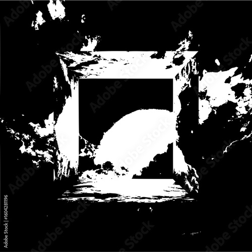 Abstract black and white square tunnel with textured walls and a bright light at the end of it