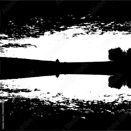 Silhouette of a landscape with a body of water reflecting the sky and trees in monochrome style art