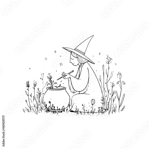 A witch in a pointed hat stirring a potion in a black cauldron surrounded by plants and flowers outside