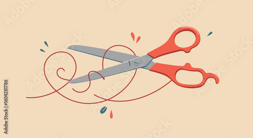 Creative scissors cutting red thread with dynamic abstract shapes and splashes