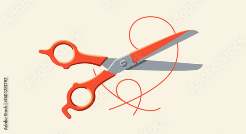 Sharp scissors poised to cut bright red thread in a clean, minimalist design