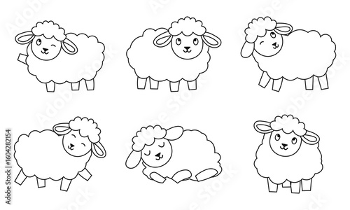 Set of cute outline cartoon sheep. Vector illustration