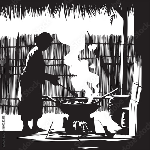 Silhouette of a person cooking outdoors over a fire with a wok and bamboo background