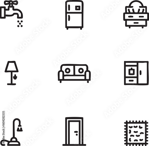 Home furniture and fixtures vector icon set minimalist style,black outline faucet,refrigerator,dresser,lamp,couch,wardrobe,floor lamp,door,rug icon set