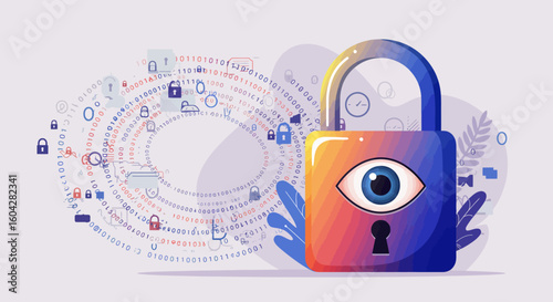 Cyber security protection with padlock eye and binary code for safety online