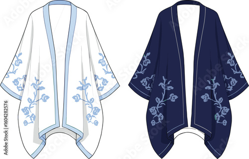 Traditional kimono vector illustration, floral patterns, elegant fashion drawing, textile design, apparel sketch, decorative motifs, garment CAD, stylish outfit,