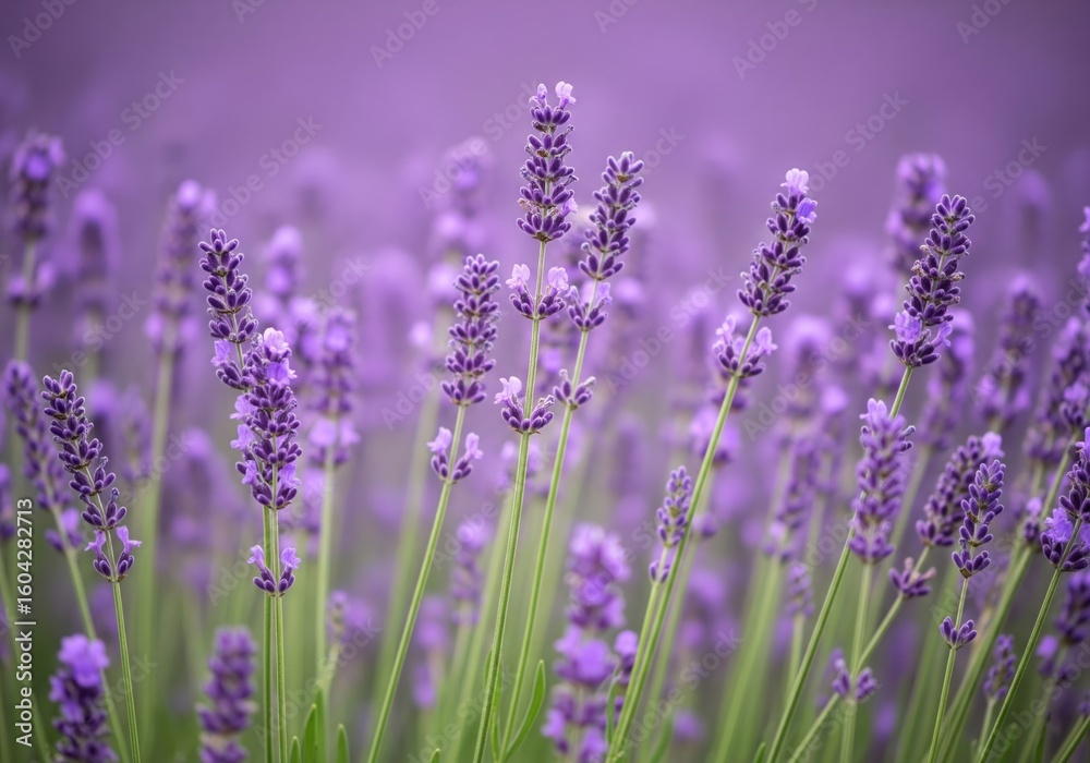 Naklejka premium Blooming Lavender Field with Soft Purple Background