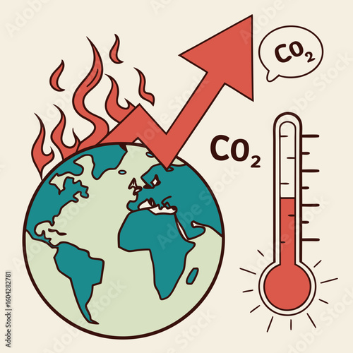 Climate change awareness vector with melting earth CO2 emissions thermometer rising temperature and global warming effects




