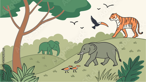 Wildlife protection vector illustration with endangered animals forest preservation and natural habitat conservation elements




