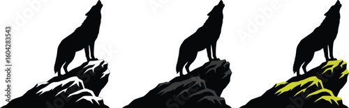 Silhouette of a wolf howling on a rock against a white background in a simple graphic style