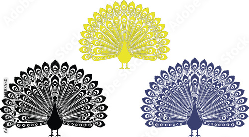 Three stylized peacocks with elaborate feather displays in black and white illustration style