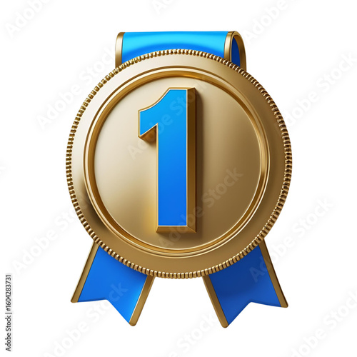 Golden first place medal with blue ribbon
