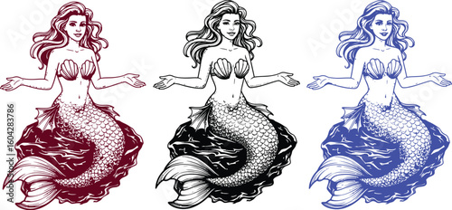 Three identical black and white mermaids with shell bras and fish tails on a white background