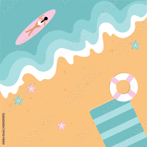 Beautiful poster with beach and sea. Vacationer swims on surfboard. Vector illustration of resort landscape in minimalistic style.