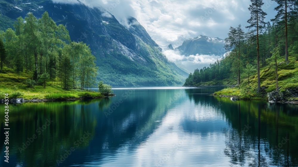 Fototapeta premium Summer lake landscape with calm water