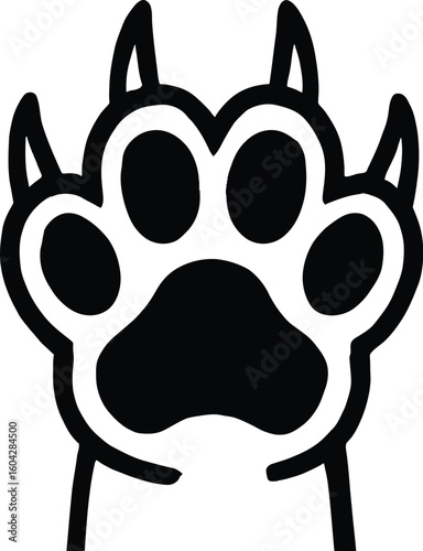 Bold black and white animal paw print with prominent claws. Ideal for wildlife, predatory animal themes, or graphic resources. 