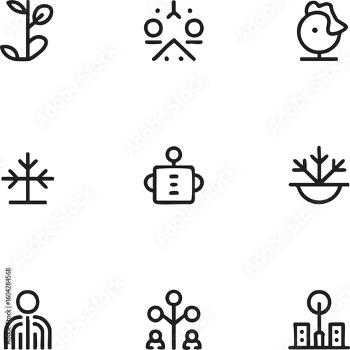 Miscellaneous vector icon set minimalist style,line icons plant,snowflake,network,winter,weather,person,social structure,robot,location,chicken icon set