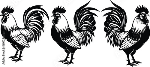Three stylized roosters in black and white standing side by side on a plain white background design