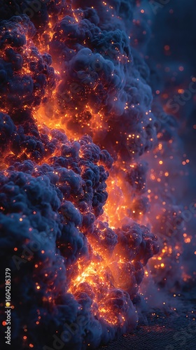 A fiery explosion with dark clouds and glowing particles