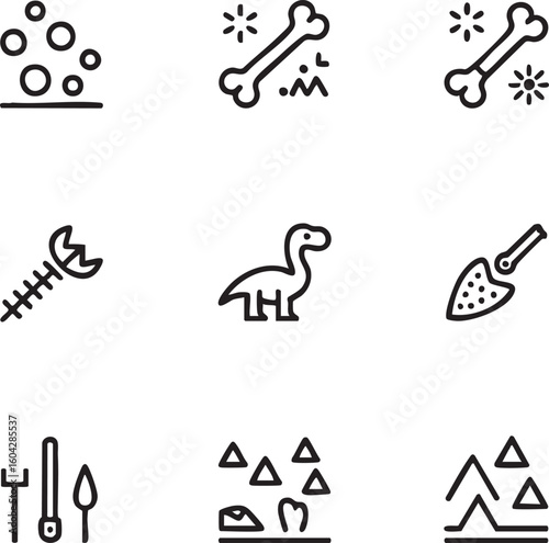 Paleontology vector icon set outline icons,editable stroke dinosaur,fossil,bone,shovel,digging,archeology,mountains,teeth,skeleton,tools