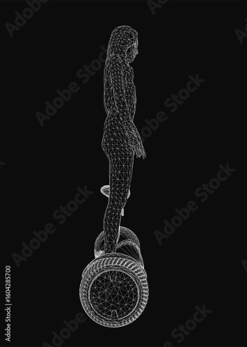 A determined girl rides a Segway in a side view wireframe vector illustration with clean lines and a futuristic aesthetic. She wears a stylish hoodie against a black background, showcasing a dynamic.