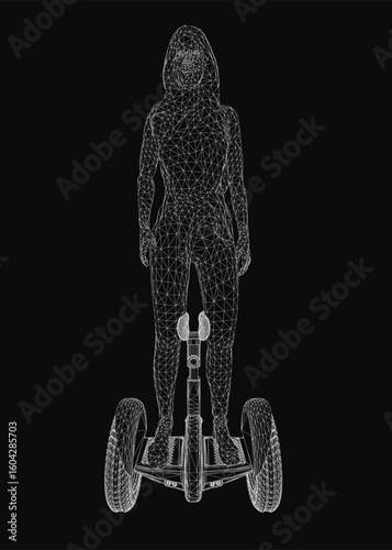 A determined girl rides a segway on a black background, wearing a stylish hoodie. The wireframe vector illustration features clean lines and a futuristic aesthetic.
