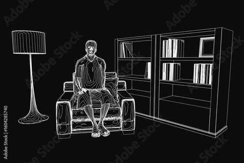A man sits in a chair with his face in partial shadow, illuminated by a warm lamp on the left. The dark background and bookcase create a mysterious, contemplative mood.