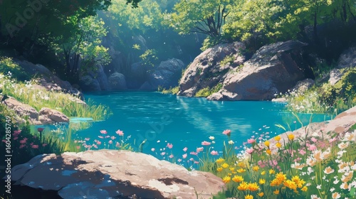 Fototapeta Naklejka Na Ścianę i Meble -  Summer landscape with a clear blue lake surrounded by nature