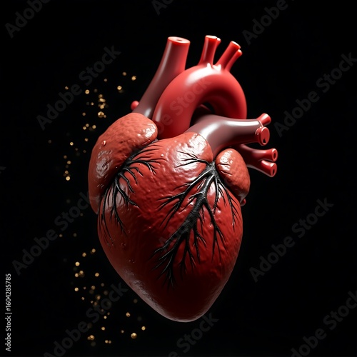 Ethereal Human Heart Photo Crimson Detail with Gold Dust in Dark Void