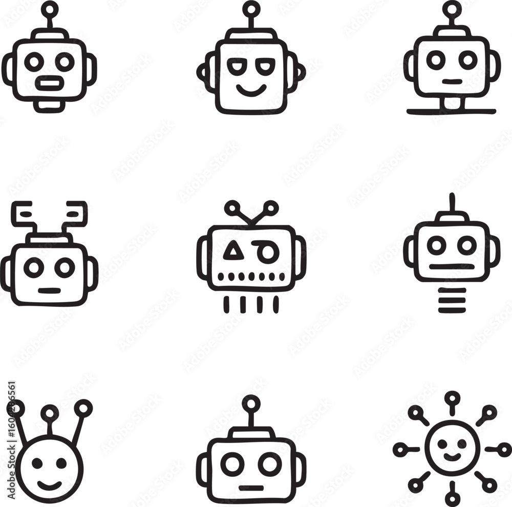 Naklejka premium Robot head vector icon set outline style,cartoon robots artificial intelligence,futuristic,droid,technology,automation,smiley face,antenna,machine,communication,innovation